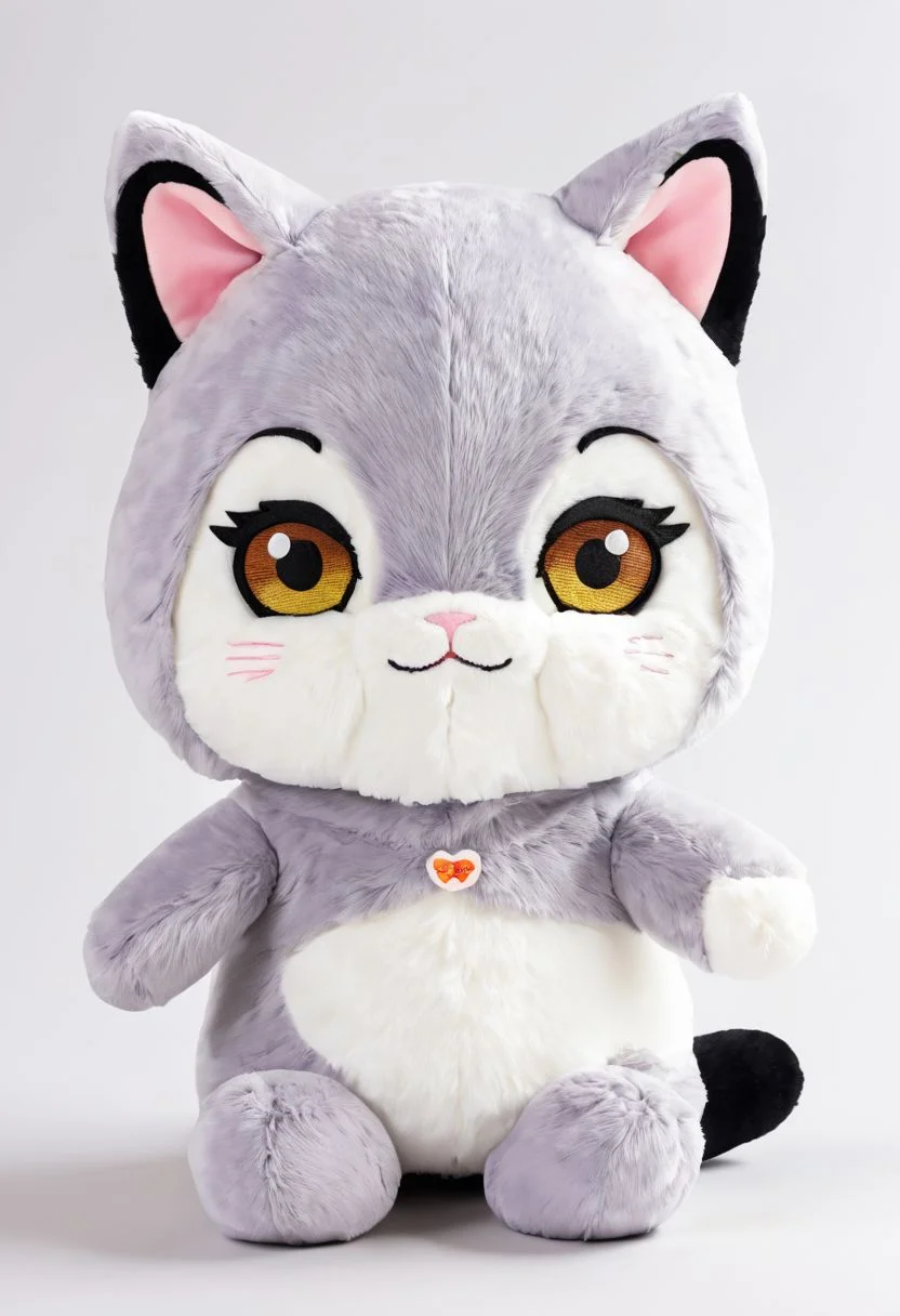 score_9, score_8_up, score_7_up, score_6_up, score_5_up, score_4_up  <lora:woafu_plushify_sdxl_v02:1> single, plushify, character stuffed toy, chibi, adorable cat, extremely detailed, realistic, simple background, fluffy, 8k, masterpiece,