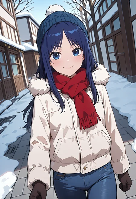 best quality, amazing quality, perfect quality, high quality, masterpiece, absolutely eye-catching BREAK
<lora:Toradora_-_Sumire_Kano:1> ToradoraSumire, blue eyes, blue hair, long hair, parted bangs, small breasts BREAK
pom pom beanie, scarf, white puffer jacket, fur trim, black gloves, jeans BREAK
outdoors, street, snow, walking, smile, looking at viewer, dutch angle, cowboy shot