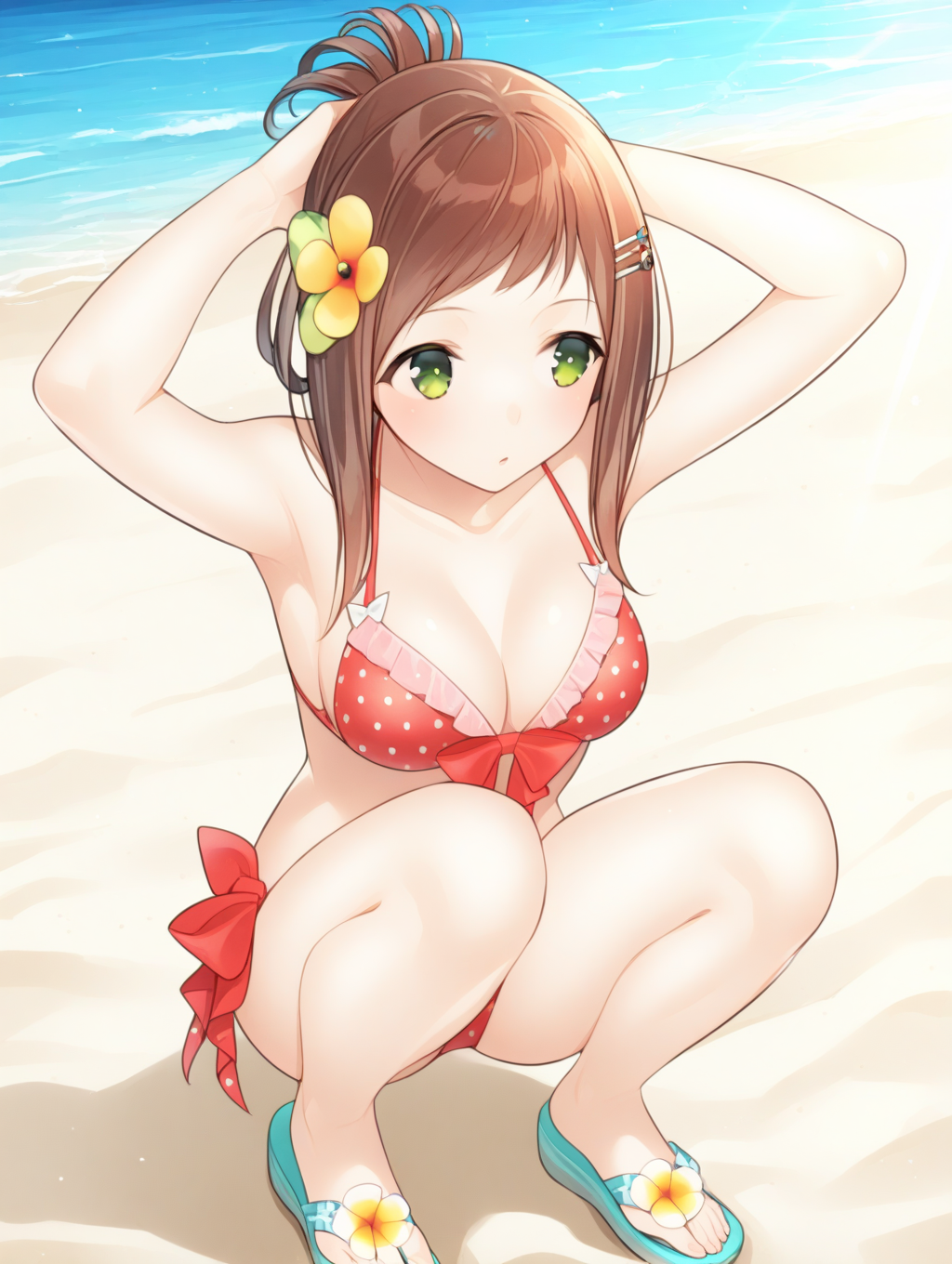 perfect quality,best quality,absolutely eye-catching,ambient occlusion,raytracing BREAK
1girl,<lora:sofia natu IL v1.1:1>,natu,polka dot bikini,ribbon,hair ornament,sandals,solo,ocean,beach,green eyes,updo,, pov, looking away,macro_shot,leaning,adjusting_thighhigh,arms_behind_head,squatting,_open_legs,