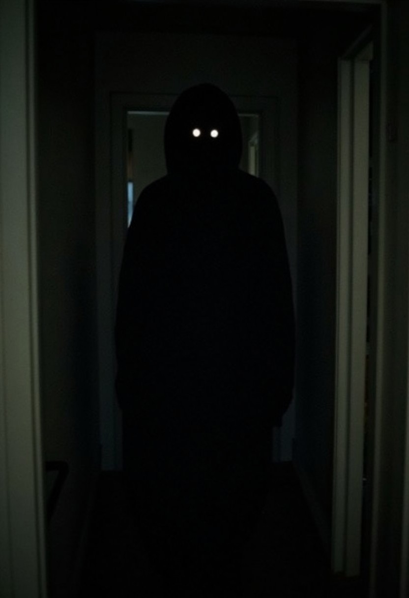horroreyeshine, horror (theme)
,The image is a dark, eerie photograph depicting a haunting scene. The subject is a tall, gaunt figure of a woman standing in a dimly lit, narrow hallway.