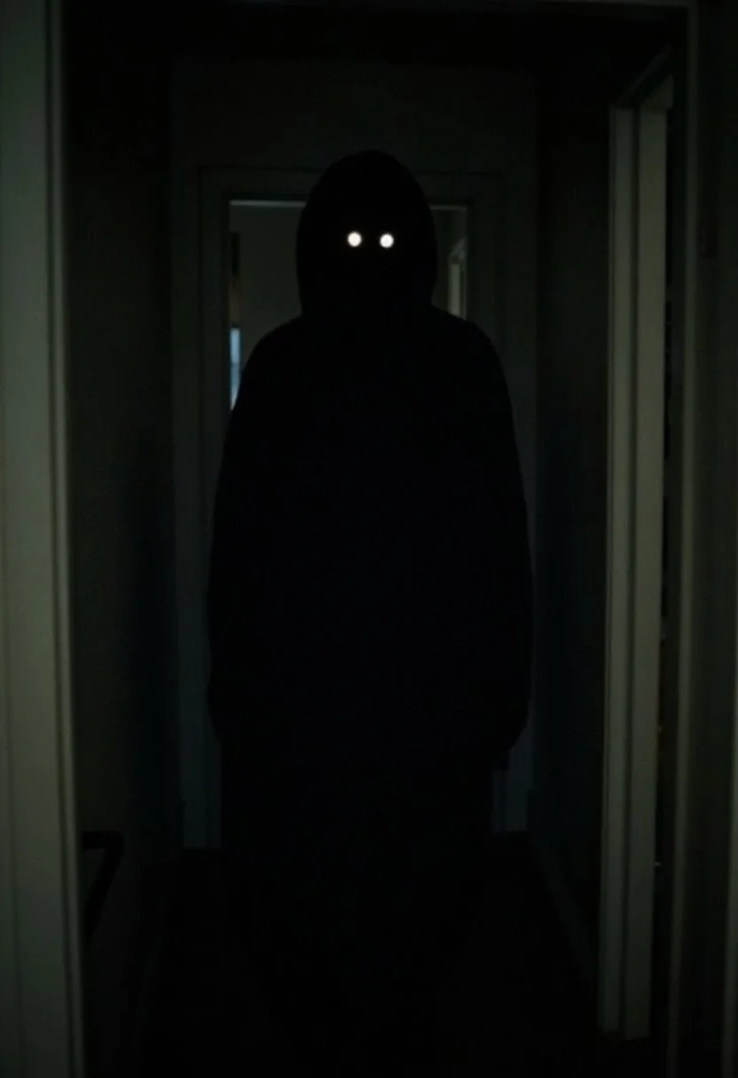 horroreyeshine, horror (theme)
,The image is a dark, eerie photograph depicting a haunting scene. The subject is a tall, gaunt figure of a woman standing in a dimly lit, narrow hallway.