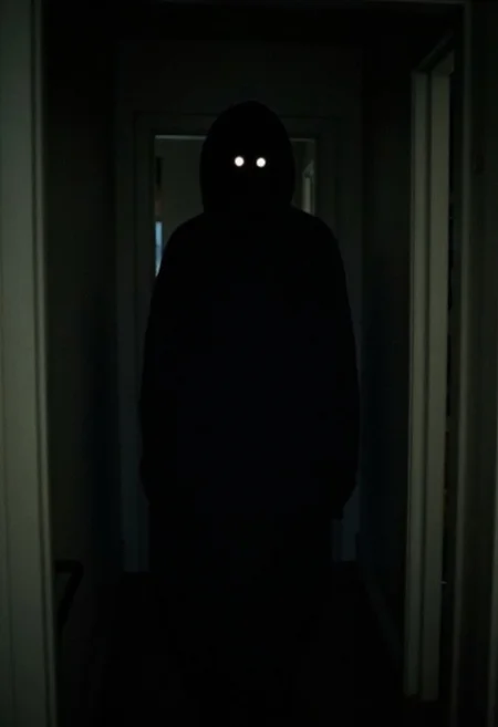 horroreyeshine, horror (theme)
,The image is a dark, eerie photograph depicting a haunting scene. The subject is a tall, gaunt figure of a woman standing in a dimly lit, narrow hallway.