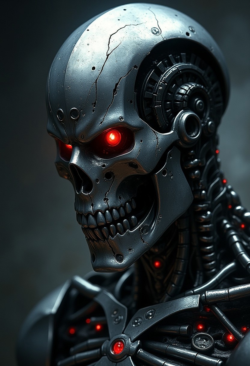 close up on face, great lighting, intricate detail, portrait of endoskeleton of terminator cybernetic machine soldier, with titanium skull and red glowing mechanical eyes, High Detail, Perfect Composition, realistic photographic image, interesting backlighting, ArsMJStyle, dnddarkestfantasy