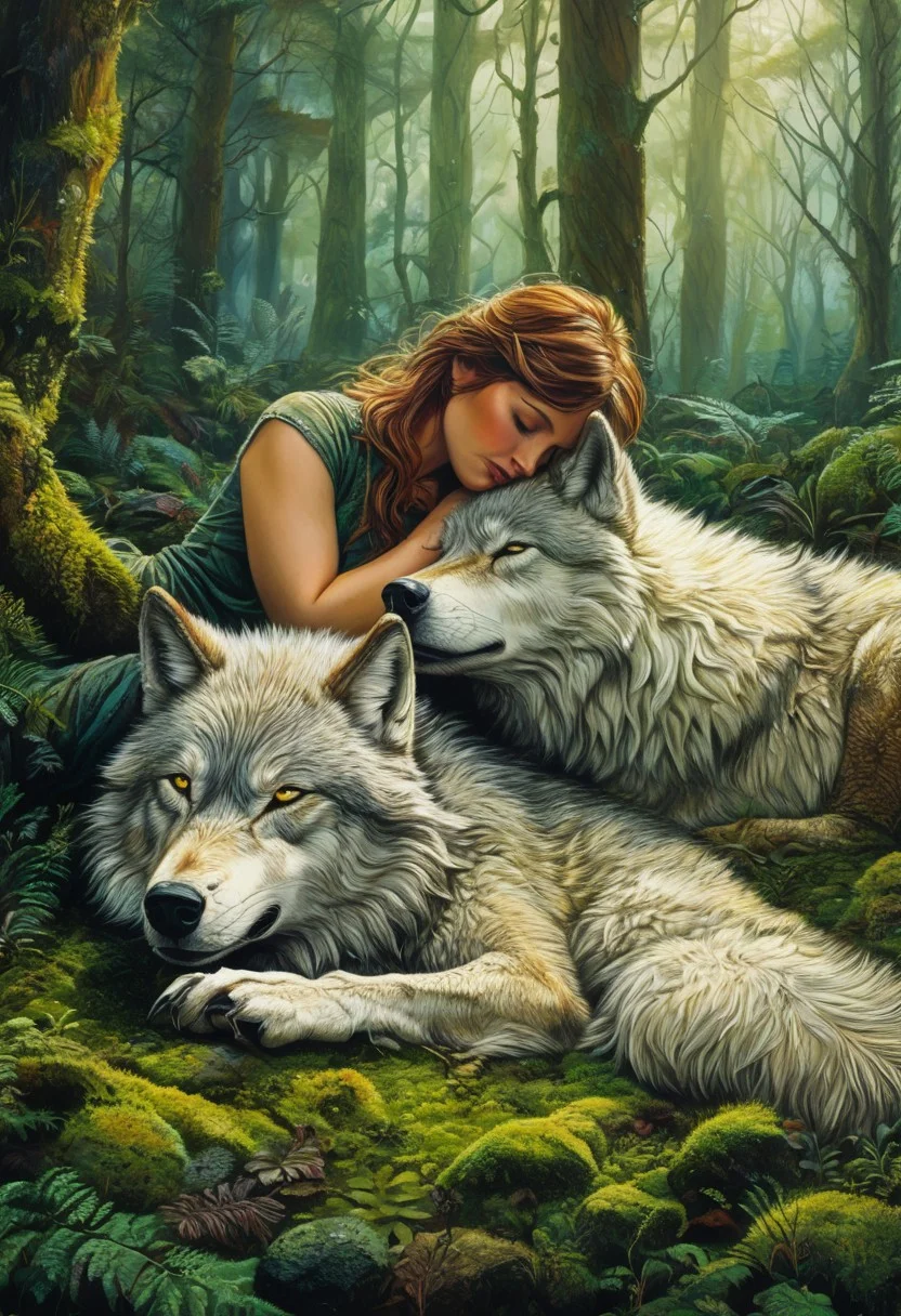 A young woman lies asleep on the mossy forest floor. A majestic wolf lies near her and watches over her.
Masterpiece, vibrant colors, very detailed, midjourneyv6.1, detail background,
