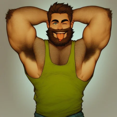 score_9, score_8, 1boy, solo, beard, tank top, looking at you, winking, tongue out, front view, closeup, portait, daylight, shorts, legs, upper body, standing, hands behind head, armpit hair