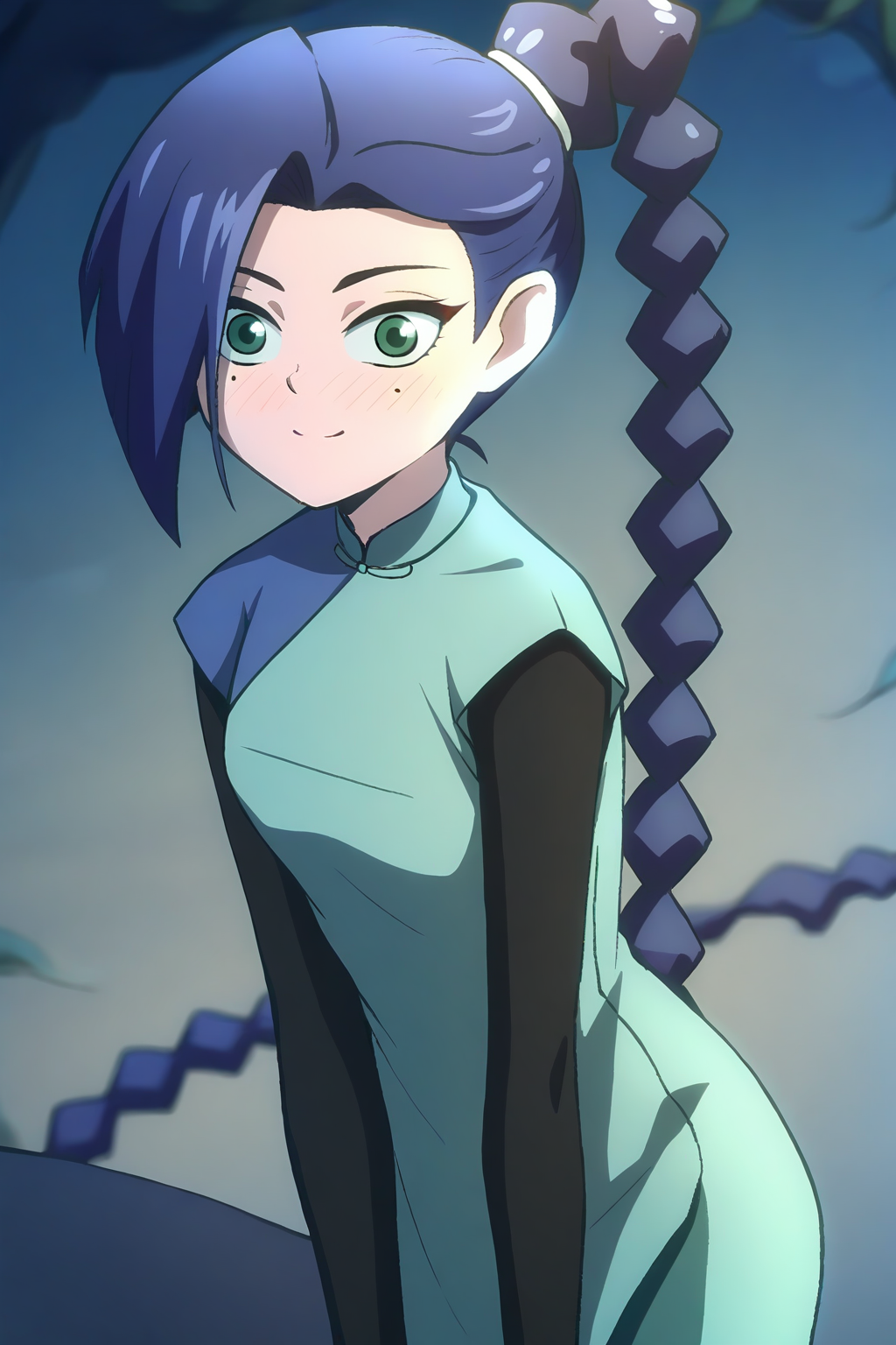 <lora:meihuashisan:1>,meihuashisan,1girl,solo,long hair,blue hair,mole,mole under eye,green eyes,
layered sleeves,short over long sleeves,braided ponytail,long sleeves,dress,blue dress,chinese clothes,braid,single braid,
smile,blush,light_blush,looking at viewer,, masterpiece,best quality,amazing quality,absurdres, anime screenshot, lazypos ,