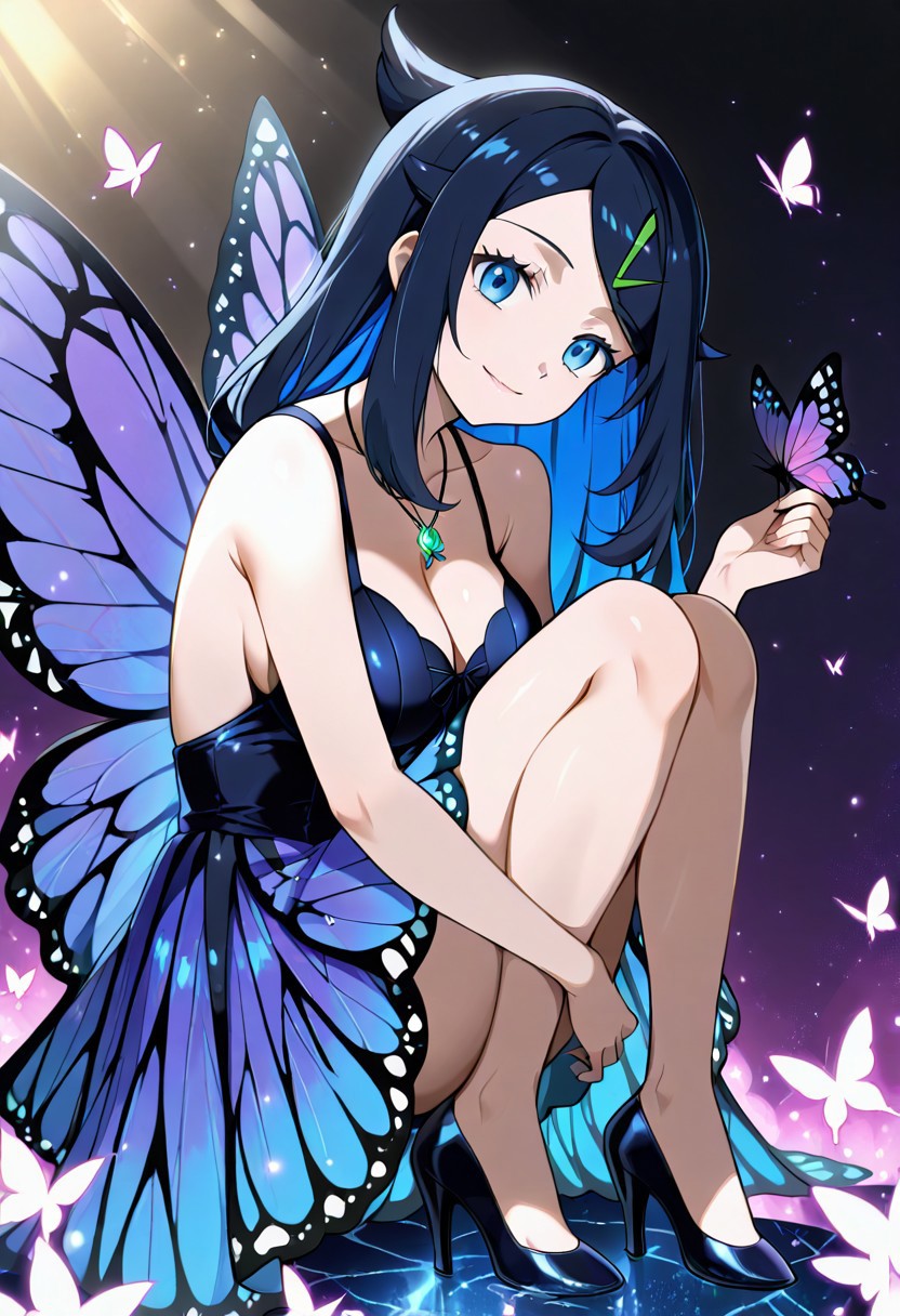 score_9, score_8_up, score_7_up,source_anime, 1girl, adult, women, aaliko, long hair, blue eyes, hair ornament, hairclip, black hair, colored inner hair, collarbone, necklace, butterfly wings, purple butterfly dress, butterfly high heels, eyelashes, large breasts, (facial expression, kind, light smile, head tilt, soft eyes), dreamlike atmosphere, glowing edges, mystical, high contrast, ethereal light, light particles, gl0w, glow, detailed eyes, high definition eyes, blurry foreground, butterflies, giantess, masterpiece, best quality, absurdres, ultra detailed, side view,
