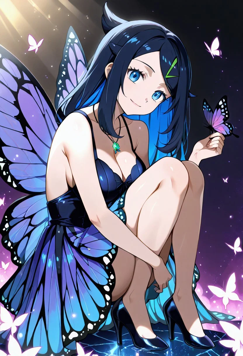 score_9, score_8_up, score_7_up,source_anime, 1girl, adult, women, aaliko, long hair, blue eyes, hair ornament, hairclip, black hair, colored inner hair, collarbone, necklace, butterfly wings, purple butterfly dress, butterfly high heels, eyelashes, large breasts, (facial expression, kind, light smile, head tilt, soft eyes), dreamlike atmosphere, glowing edges, mystical, high contrast, ethereal light, light particles, gl0w, glow, detailed eyes, high definition eyes, blurry foreground, butterflies, giantess, masterpiece, best quality, absurdres, ultra detailed, side view,