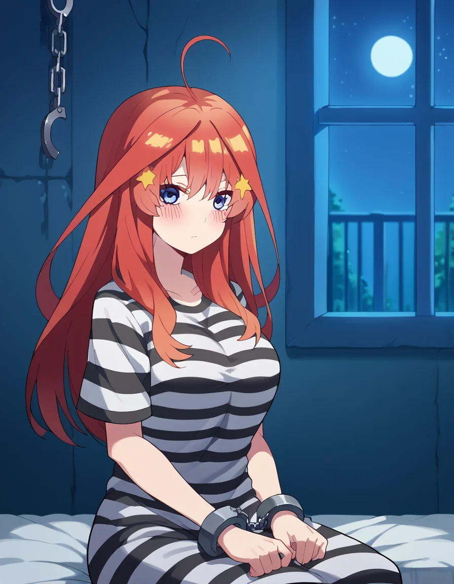 score_9, score_8_up, score_7_up, source_anime, <lora:itsuki-nakano-s2-ponyxl-lora-nochekaiser:1>, itsuki nakano, bangs, long hair, blue eyes, hair between eyes, ahoge, red hair, star (symbol), hair ornament, star hair ornament, large breasts, <lora:prison-clothes-ponyxl-lora-nochekaiser:1> prison clothes, prisoner, prison cell, prison, striped shirt, shackles, handcuffs, chain,, sitting, on bed, looking at viewer, blush, night, moon, moonlight, night sky, window, three quarter view, cowboy shot,