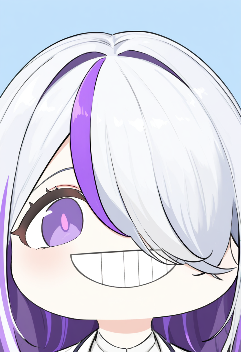 <lora:datou_v1:1>,ddatou, 1girl, solo, smile, grin, hair over one eye, multicolored hair, purple eyes, streaked hair, long hair, chibi, purple hair, portrait, blue background, looking at viewer, white hair, jacket, grey hair, simple background, white jacket, teeth, shirt