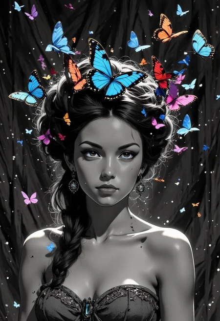 diclrpp, A cinematic black and white portrait of a woman with an elaborate architectural updo hairstyle, photographed against textured gray velvet. Her skin, couture gown, and surroundings are rendered in rich monochromatic tones with dramatic lighting that creates deep shadows and bright highlights. The only color comes from a cluster of vibrant butterflies emerging from within her sculptural hairstyle - their wings displaying jewel tones of sapphire, emerald, ruby, and amethyst that appear almost luminous against the grayscale setting. Some butterflies rest partially in her hair while others have just taken flight, creating a fluttering halo of color around her otherwise monochrome appearance. The contrast is heightened by the perfectly still, serene expression on the woman's face, as if the chromatic emergence is a natural extension of her being rather than something extraordinary. Tiny particles of dust or pollen visible in the dramatic lighting appear temporarily colored when passing through the butterfly cloud. .j_art