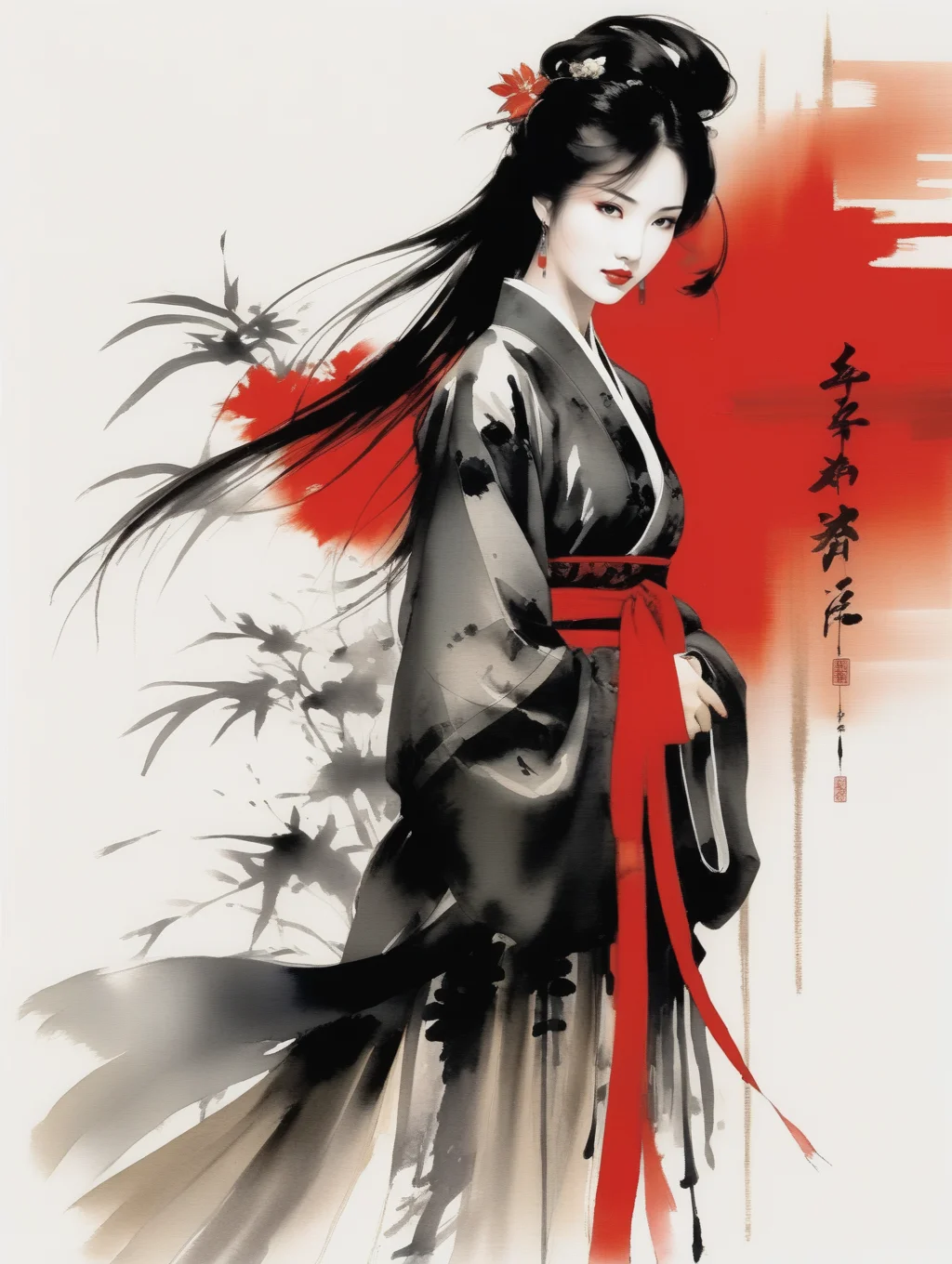 a beautiful girl in szhf dress,long hair,ink painting, by yoji shinkawa,bold brushstrokes,watercolor smudge,red and black <lora:szhf:0.6>