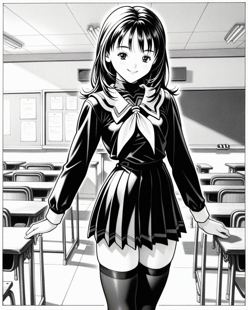 yoshizuki iori,i"s,smile,long hair,1girl,masterpiece,absurdres,very aesthetic,best quality,complicated details,stunning photos,i"s,1990s \(style\),32k,<lora:Katsura Masakazu_illustriousXL:1>,retro artstyle,traditional media,classroom,greyscale,monochrome,<lora:Sakino Shingetsu_illustriousXL:1>,school_uniform,White_neckerchief,Black_thighhighs,