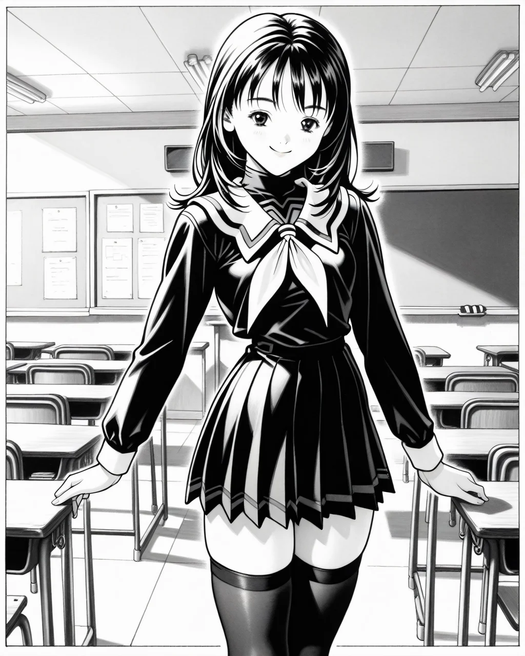 yoshizuki iori,i"s,smile,long hair,1girl,masterpiece,absurdres,very aesthetic,best quality,complicated details,stunning photos,i"s,1990s \(style\),32k,<lora:Katsura Masakazu_illustriousXL:1>,retro artstyle,traditional media,classroom,greyscale,monochrome,<lora:Sakino Shingetsu_illustriousXL:1>,school_uniform,White_neckerchief,Black_thighhighs,