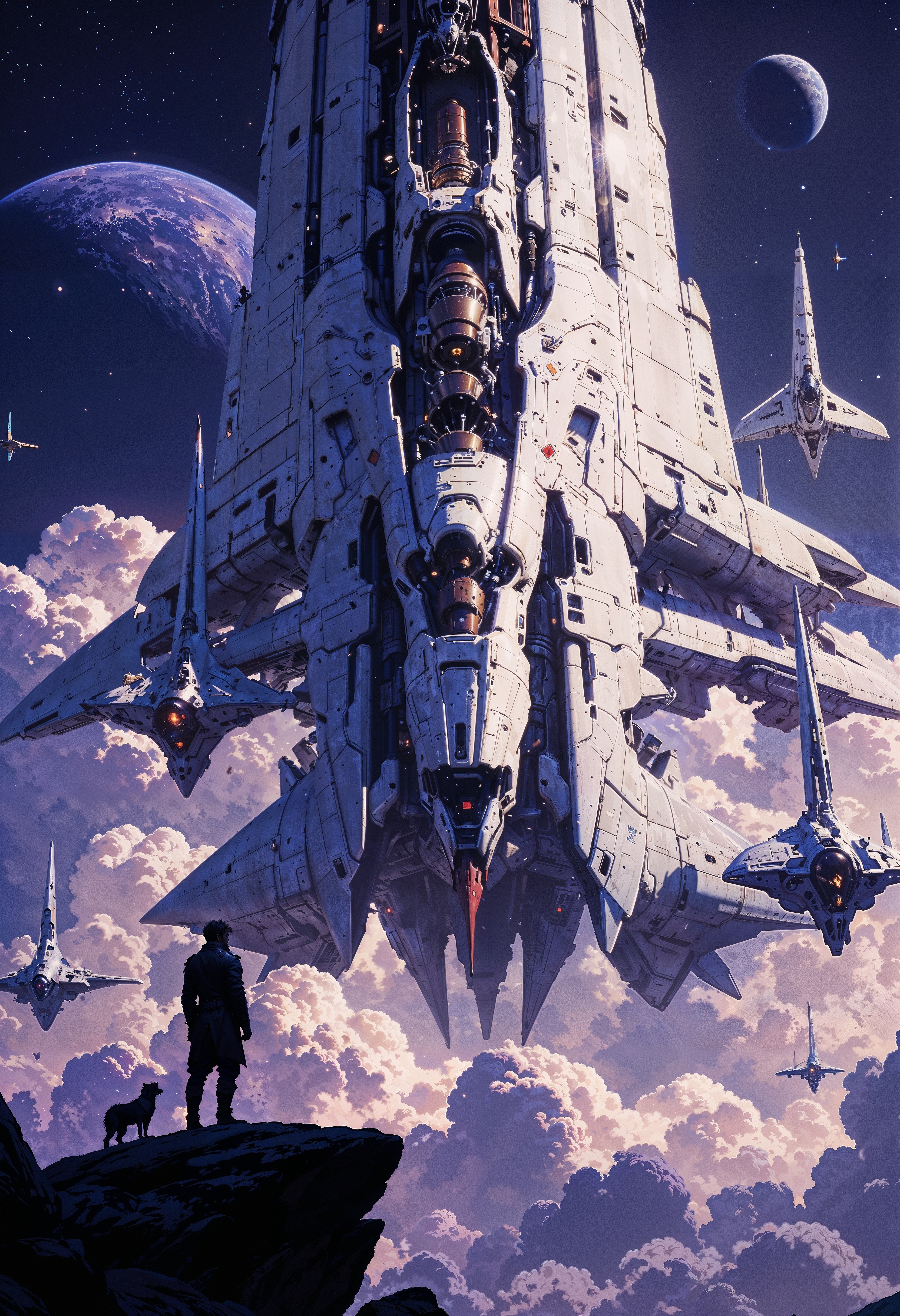 a science fiction-themed digital artwork depicting a futuristic space scene. The layout is vertical, showcasing a large, detailed spacecraft in the foreground, with a sleek, cylindrical design and multiple protruding structures. The spacecraft is predominantly white with metallic accents, and it is surrounded by several smaller ships, all with aerodynamic shapes. In the background, a planet with a visible atmosphere and a smaller moon are present, adding depth to the scene. The color palette is dominated by shades of blue and purple, creating a cosmic ambiance. In the lower left corner, a silhouetted figure stands on a rocky surface, gazing at the spacecraft, accompanied by a small animal. The scene conveys a sense of exploration and adventure in outer space. <lora:FluxMythG0thicL1nes:0.6> <lora:RetroAnimeFluxV1:0.6> <lora:FredFraiStyle-FLUX-Share:0.6>  <lora:dark_fantasy_flux:0.6>