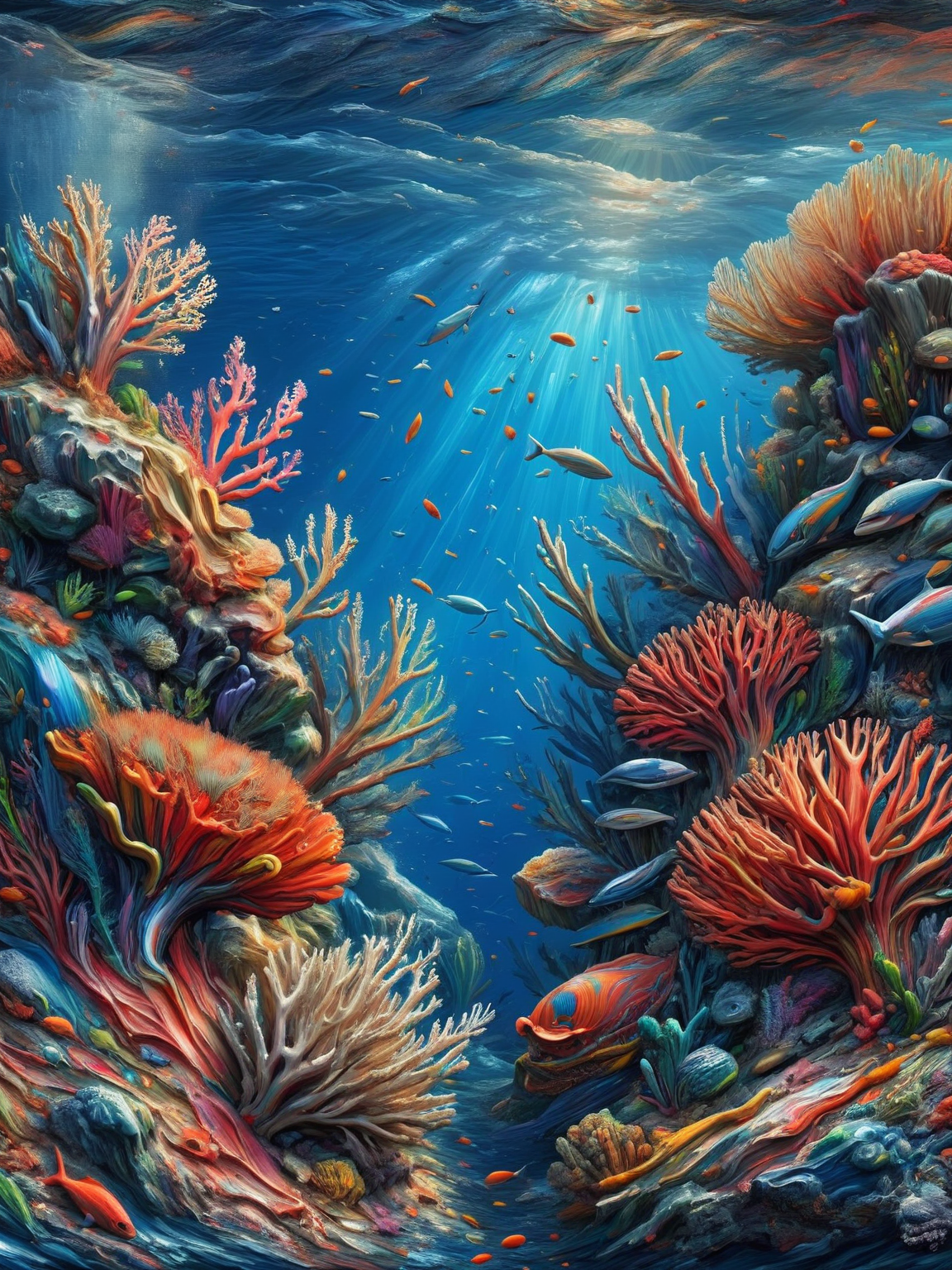 A coral reef teeming with marine life, all rendered in brilliant ais-acrylicz, the colors melting into the water around them <lora:Acrylic_Paint_Style_SDXL:1>