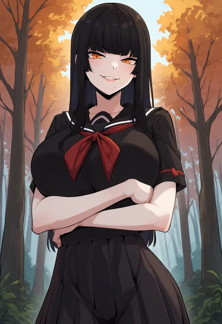 score_9, score_8_up, score_7_up, score_6_up, source_anime, rating_explicit, 1girl, solo, huge breasts, <lora:President Hong prefectPonyxl:0.9> black hair, long hair, hime cut, blunt bangs, orange eyes, mole under mouth, school uniform, black serafuku, short sleeves, black shirt, black sailor collar, red neckerchief, black skirt, pleated skirt, smirk, forest, outdoors, looking at viewer, crossed arms