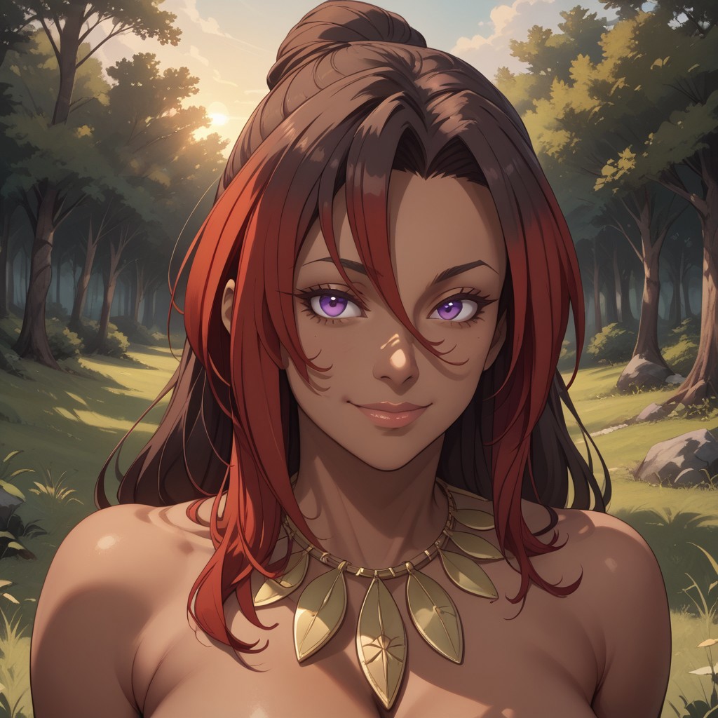 score_9, score_8, BREAK, solo, Sylvia, dark-skinned female, multicolored hair, brown hair, red hair, purple eyes, necklace, huge breasts, dark skin, dark skin female, adult female, mature female, sexy pose, self portrait, smile, outdoors, sunlight, shadows, evening lighting, natural lighting, forest, trees, grass, orange sky, sunset