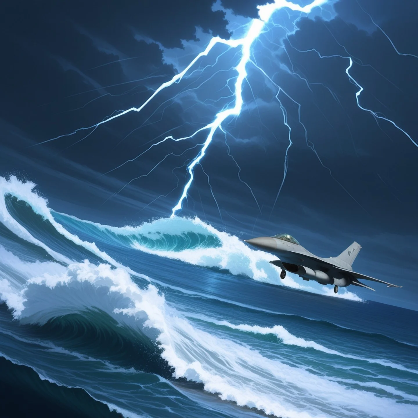 <lora:F-16_Illustrious:1> f-16,ocean,storm,waves,lightning, airplane, military, masterpiece, best quality, amazing quality