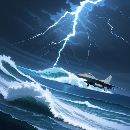 <lora:F-16_Illustrious:1> f-16,ocean,storm,waves,lightning, airplane, military, masterpiece, best quality, amazing quality