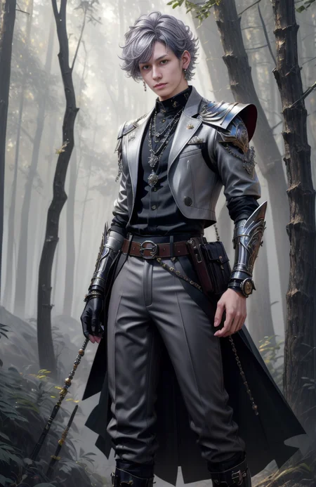 8k, ((masterpiece)).((best quality:1.2)), sharp focus, full body, head to toe, 1 young man, 22 years old, youthful appearance, male focus, dynamic pose, silver colored hair, curly hair, EYESHD, Nora outfit fur accents, Nora outfit bead necklaces, Nora outfit pants, Nora outfit hip quiver, Nora outfit leg guards, Nora outfit arm braces, Nora outfit belt with pouches, and Nora outfit fur boots, defined body, thin waist, looking at camera, armor, detailed background a wooded clearing, (absurdres) , <lora:more_details:0.5>, <lora:wrenchftmfshn>,<lora:add-detailxl:0.8>, <lora:Eyes_High_Definition-000007>, <lora:bulge:1>, <lora:lightup_brightness_v200:1>, <lora:Nora:1>