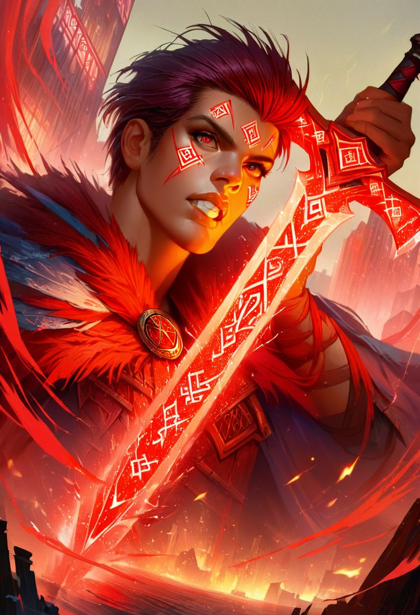 1man, flashfire glowing runes, holding a glowing sword, background city, red, Clear picture, high res, defined facial features, best mouth and teeth, realistic,