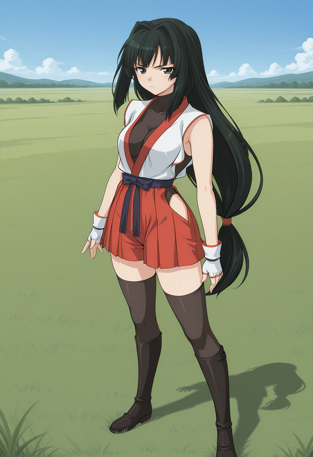 kusanagi_mikoto, black eyes, black hair, long hair, very long hair, low-tied long hair, hair intakes, fingerless gloves, covered collarbone, cleavage, japanese clothes, sleeveless, hakama skirt, red hakama, zettai ryouiki, black thighhighs, <lora:kusanagi_mikoto_illustrious_ver2:0.8> 
serious, full body,, masterpiece, best quality, sensitive,, 1girl, solo, blue sky, (grasslands:1.2), looking at viewer,