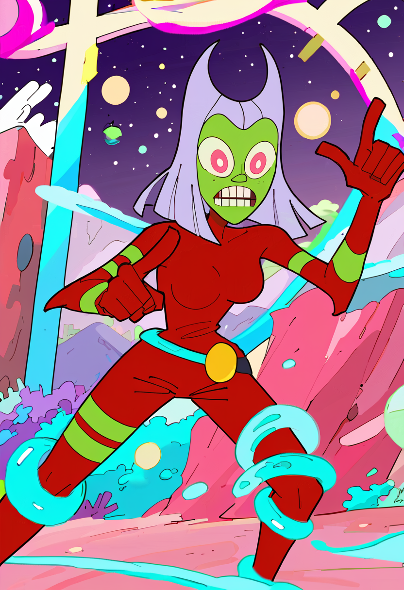 <lora:TwelveForever_ButtWitch_Pony:1.0>, butt witch \(regular\), pointing at self, teeth, twelve forever, 1girl, solo, colored skin, red bodysuit, rural, masterpiece, best quality, score_9, score_8_up, score_7_up
