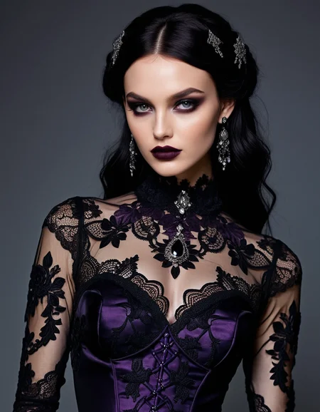Inspired by:Dark Gothic style, Elegant Darkness, enchanting allure, sinister elegance, moody aesthetic, gothic lace, deep jewel tones and delicate embroidery, deep tones of obsidian and violet.