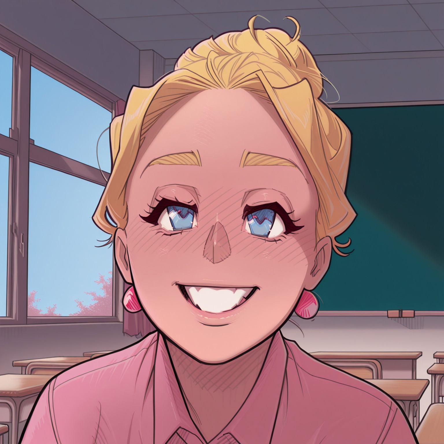 {{masterpiece, best quality, perfect face,}}, {{{{insiede, classroom, private, window, chalkboard, desk, chairs}}}}, {{{absurdres, HDR, extremely details CG,}}},

melkor_style,

1girl, solo, smiling, happy,

_l1s4_, blond hair, blue eyes, hair bun, single hair bun,

<segment:girl's face,0.3,0.3//cid=1>
{{{{extremely_beautiful_detailed_anime_face_and_eyes, source_anime,}}}}