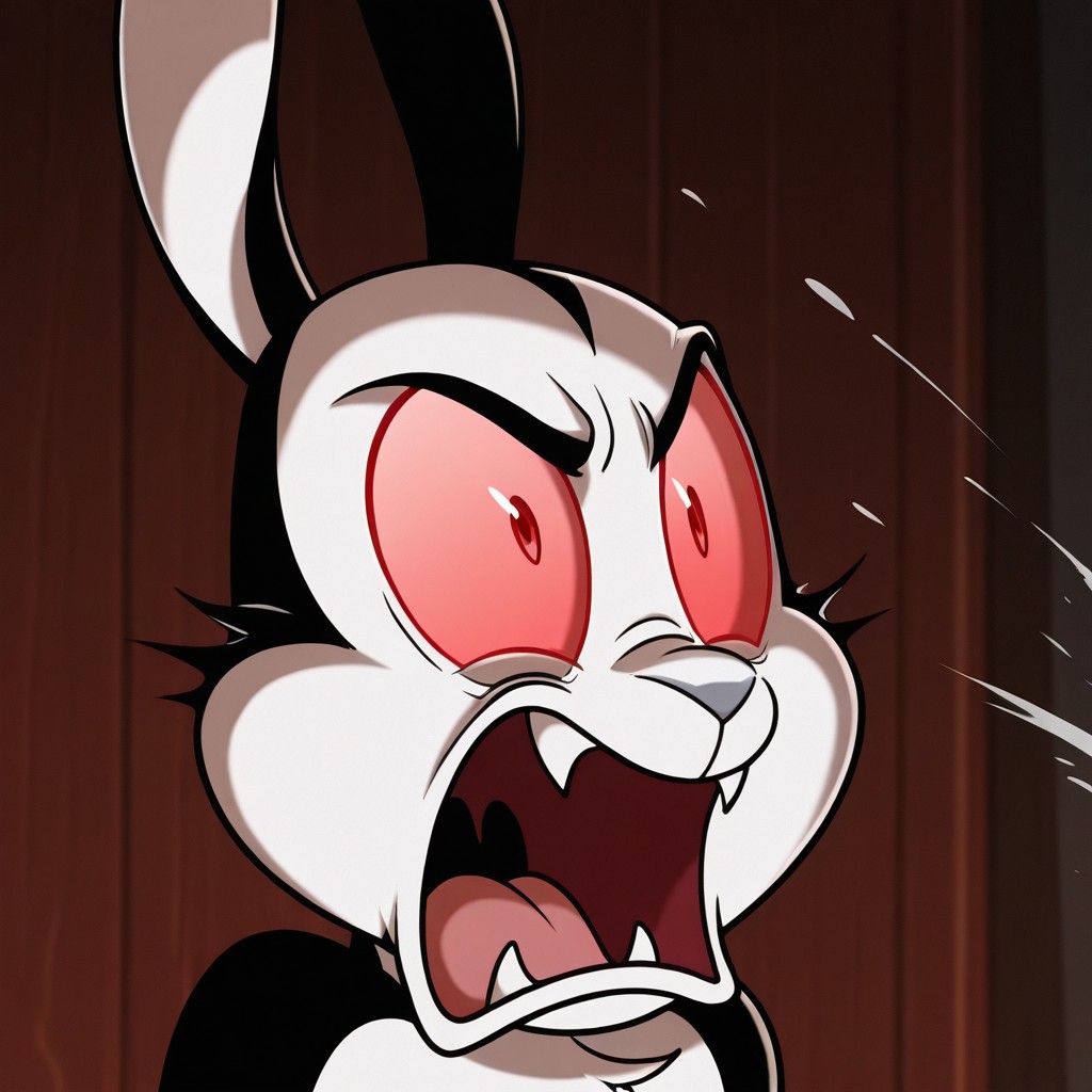 masterpiece, best quality, amazing quality, bunnicula, male, furry male, feral, solo, rabbit, black fur, white fur, two tone fur, red sclera, red eyes, fangs, grey nose, tail, paw pads, hissing, open mouth, angry, wide-eyed, close up, portrait
