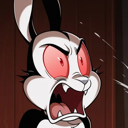 masterpiece, best quality, amazing quality, bunnicula, male, furry male, feral, solo, rabbit, black fur, white fur, two tone fur, red sclera, red eyes, fangs, grey nose, tail, paw pads, hissing, open mouth, angry, wide-eyed, close up, portrait