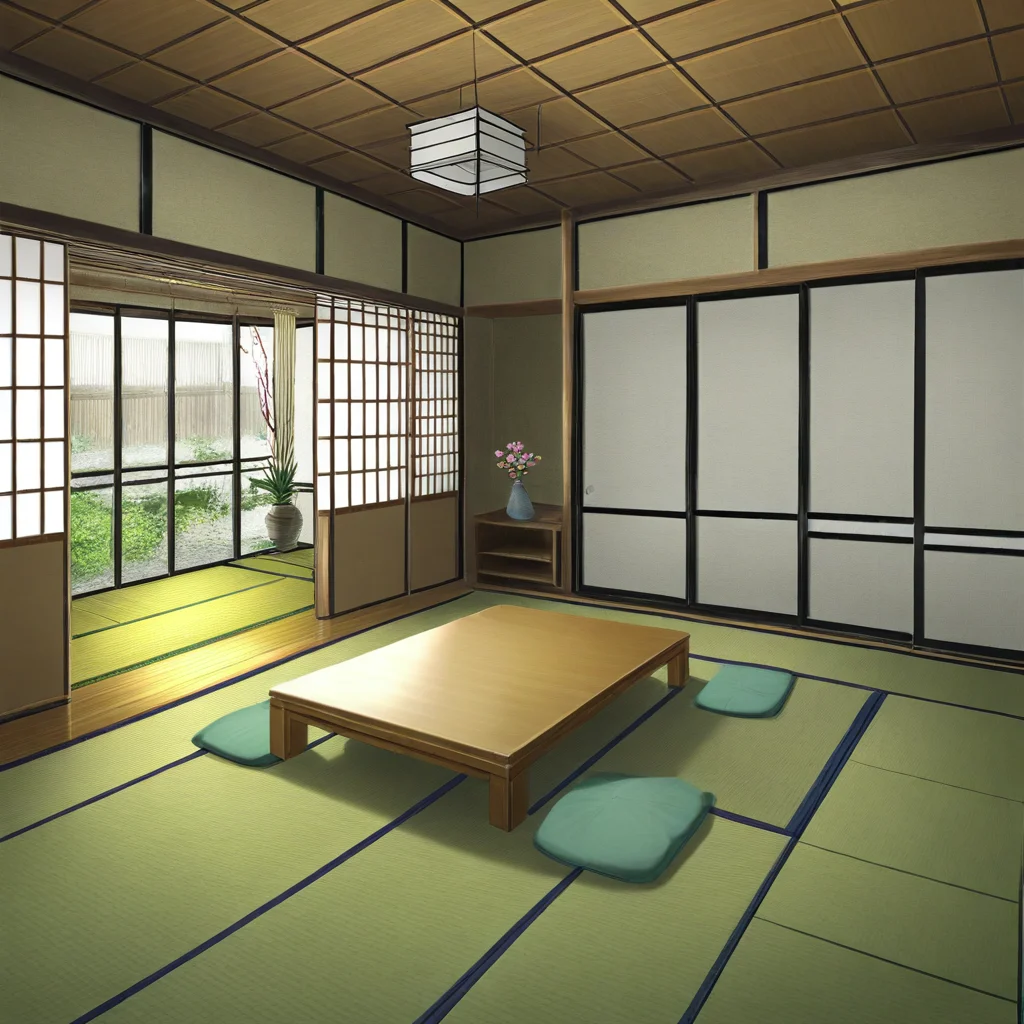 tatami room, no humans, table, scenery, indoors, plant, vase, window, curtains, cushion, flower, sliding doors, pillow, potted plant,tatami room