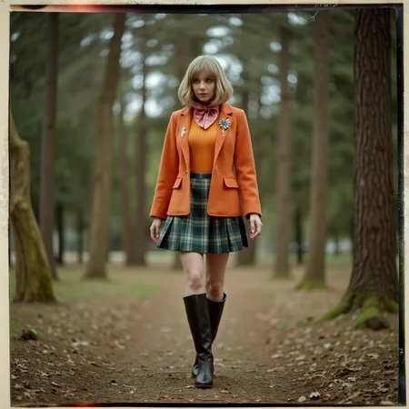 Faded Polaroid Photo, analog film photo <lora:AshleyR4:0.8> aslx, costume, aslx, a woman wearing an ashley graham costume with orange jacket, plaid skirt, black boots, blond hair styled in a bob, she's in a forest, walking slowly, ultra detailed, ultra realistic, ultra quality, cinematic, cinematic lighting, ultra detailed . faded film, desaturated, 35mm photo, grainy, vignette, vintage, Kodachrome, Lomography, stained, highly detailed, found footage, analog, old faded photo, old polaroid, RAW candid cinema, 16mm, color graded portra 400 film, remarkable color, ultra realistic, textured skin, remarkable detailed pupils, realistic dull skin noise, visible skin detail, skin fuzz, dry skin, shot with cinematic camera