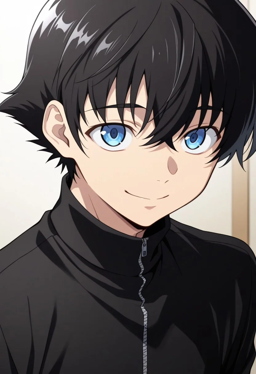masterpiece,best quality,amazing quality, source_anime,
YukiteruAmano, 1boy, male focus, solo, blue eyes, black hair, black shirt, turtleneck, zipper, smile, portrait,