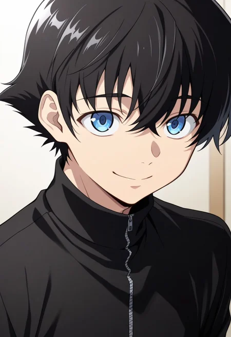 masterpiece,best quality,amazing quality, source_anime,
YukiteruAmano, 1boy, male focus, solo, blue eyes, black hair, black shirt, turtleneck, zipper, smile, portrait,