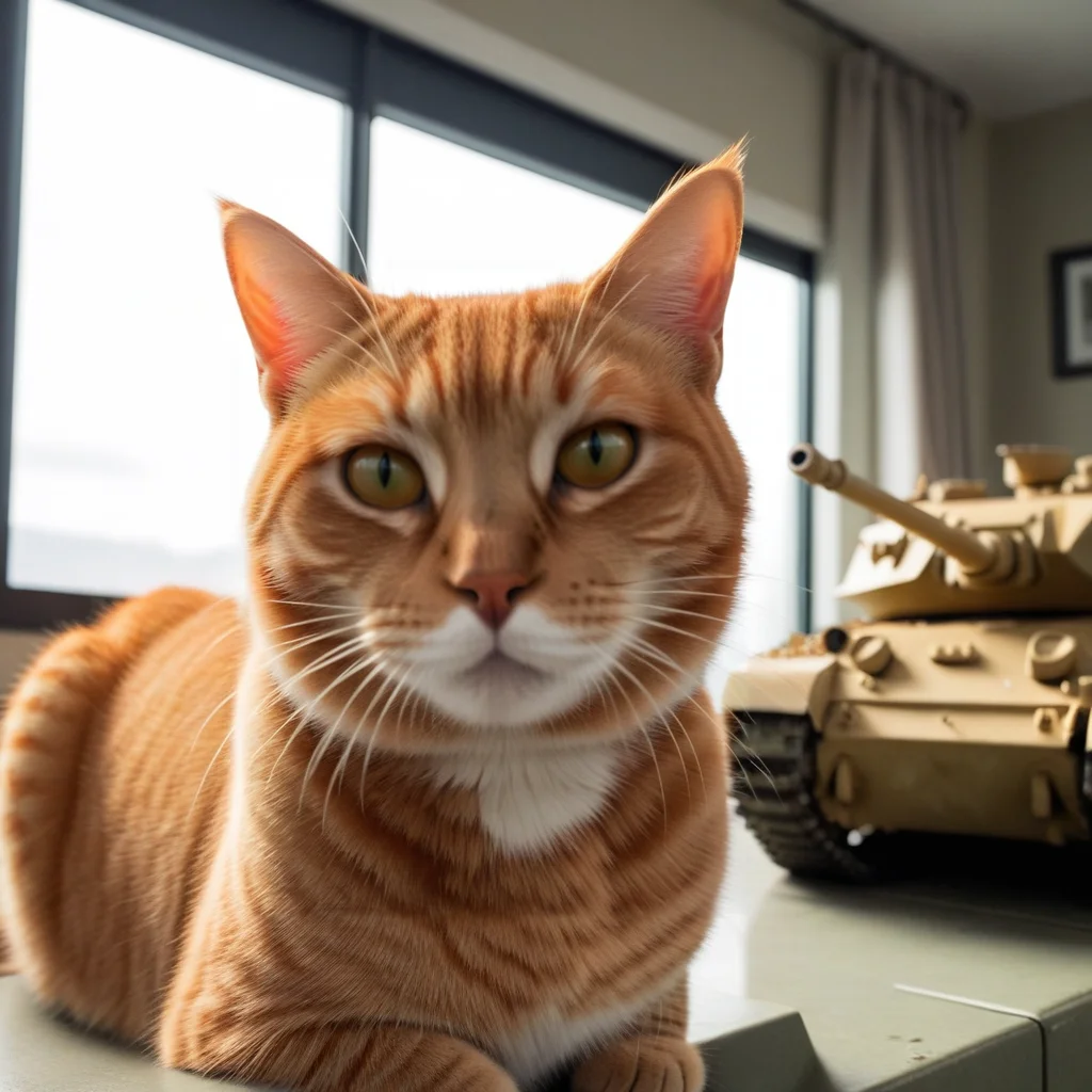 cinematic film still photo, orange cat, <lora:Meme_soph-PhotoBombv2-SDXL:0.8>, cfb, sherman tank . shallow depth of field, vignette, highly detailed, high budget, bokeh, cinemascope, moody, epic, gorgeous, film grain, grainy