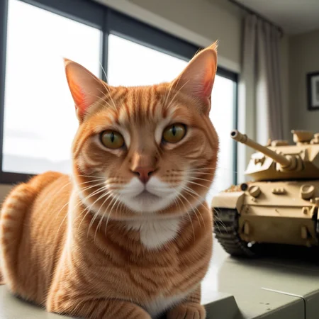 cinematic film still photo, orange cat, <lora:Meme_soph-PhotoBombv2-SDXL:0.8>, cfb, sherman tank . shallow depth of field, vignette, highly detailed, high budget, bokeh, cinemascope, moody, epic, gorgeous, film grain, grainy