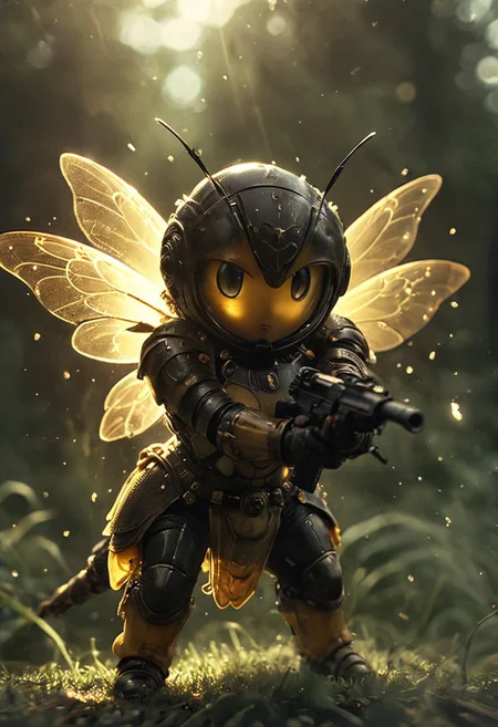 Cute Animals page, subsurface scattering, agressive fluffy zhibi bee closeup Made of old technology, smiling, black and yellow skintight armored bodysuit, infront of Sunset crawls over colorful shards of glass on a Bee-Hive meadow, with a translucent honey dripping Spear and a honeycombs patterned Shield, In an aggressive, combat-ready stance, she leans forward, glaring at the viewer with intense, threatening eyes. Her aura of anger and honey emanates a powerful shockwave.
atmospheric haze, Film grain, cinematic film still, shallow depth of field, highly detailed, high budget, cinemascope, moody, epic, OverallDetail, 2000s vintage RAW photo, photorealistic, candid camera, color graded cinematic, atmospheric lighting, imperfections, natural, shallow dof