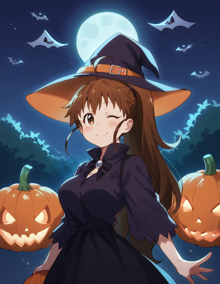 score_9, score_8_up, score_7_up, source_anime, <lora:popura-taneshima-s2-ponyxl-lora-nochekaiser:1>, popura taneshima, long hair, brown hair, brown eyes, ponytail, ahoge, large breasts,, <lora:witch-ponyxl-lora-nochekaiser:1>, witch, hat, witch hat, dress, halloween, halloween costume, jewelry,, night, moon, blush, smile, one eye closed,, looking at viewer