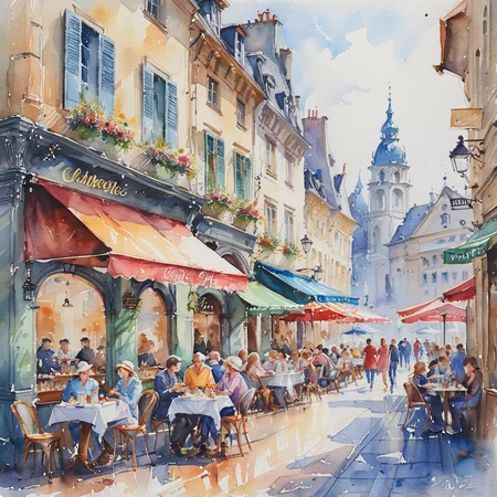 masterpiece, best quality, <lora:add-detail-xl:1> <lora:ArsMJStyle_-_Watercolor_SD_1.5_Pony:0.8> ArsMJStyle, Watercolor A bustling European cafe street scene, with colorful awnings and people enjoying their afternoon coffee.