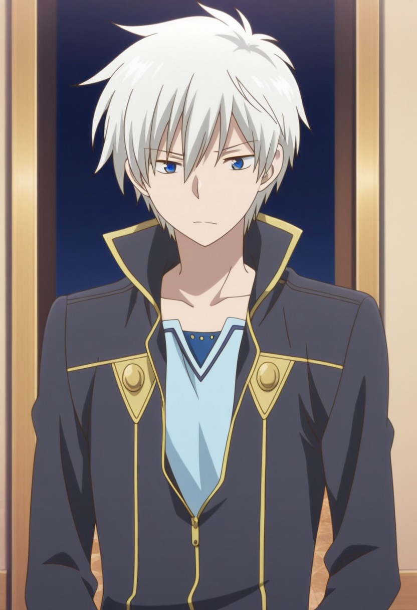masterpiece,best quality,amazing quality, source_anime, 
ZenWistaria, 1boy, male focus, solo, blue eyes, white hair, jacket, black jacket, popped collar, partially unzipped, shirt, blue shirt