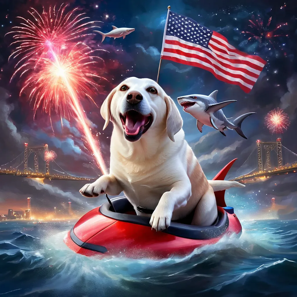 <lora:Labrador Dog:1>  <lora:add-detail-xl:1> portrait of smiling Labrador Dog holding American flag and a red cap while riding a flying shark with laser eyes, fireworks in background, Fantasy painting art style, imaginative, dynamic composition, professional-grade execution, creates immersive world and landscape, painterly, epic, magical
