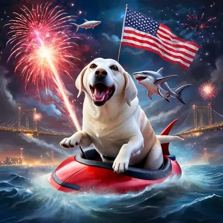<lora:Labrador Dog:1>  <lora:add-detail-xl:1> portrait of smiling Labrador Dog holding American flag and a red cap while riding a flying shark with laser eyes, fireworks in background, Fantasy painting art style, imaginative, dynamic composition, professional-grade execution, creates immersive world and landscape, painterly, epic, magical