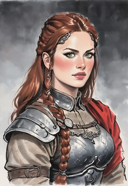 safe_pos, score_9, score_8_up, score_7_up, 1girl, solo,
Viking warrior, intricate chainmail armor with leather accents and Norse runes, ancient battle axe with a polished wooden handle and a gleaming steel blade, long braided red hair adorned with bronze beads, realistic, cinematic angle, cinematic lighting, muscular body, fierce face, piercing green eyes, battle-ready pose
BREAK
standing on a rugged coastal cliff
BREAK
source_Viking_art, rating_explicit, expressive, dynamic pose
BREAK
detailed beautiful background, dramatic coastal landscape with towering cliffs and crashing waves, ancient Viking longships on the horizon, rugged terrain with rocky outcrops and wild grasses, distant mountains with snow-capped peaks, epic atmosphere with a sense of adventure and danger <lora:Expressive_H:0.6> Expressiveh, (SimplepositiveXLv1:1.3),
(((upper body, full clothed:1.85))) ((masterpiece)) (ultra realistic, 32k, masterpiece:1.2), (high detailed skin:1.1), (high quality:1.1) (((full clothed))), (8k uhd:1,4) <lora:DandonFuga_Style_v.2_-_Pony:0.8>
<lora:add-detail-xl:1>
<lora:Dynamic Poses:1>