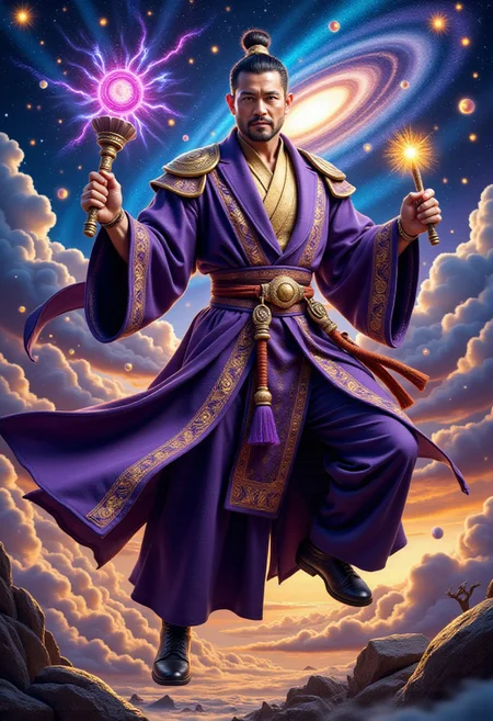 The leader of Tongtian Sect: The saint of Hunyuan, who was flying in purple robe, held a purple electric hammer and a fishing drum, surrounded by the phantom of the Ten Thousand Immortal Formation. The background is the scene where chaos begins to open, with countless light balls and spiritual vortexes.