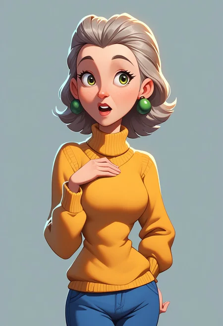 score_9, score_8_up, score_7_up, mercasg, BREAK 1girl, woman, elderly, old, solo, shocked, pretty, eyebrows up, open mouth, teeth, medium breasts, medium hair, gray hair, green eyes, ((round gray earrings with yellow shell)), ((yellow Turtleneck Dickey with wide fringe over sweater:1.5)), blue sweater with long sleeves under dickey, blue pants, BREAK right hand near the waist, left hand on the chest, standing, cowboy shot, semi-sideways, half-sideways, looking to the left, BREAK gray background, simple background, gray gradient background