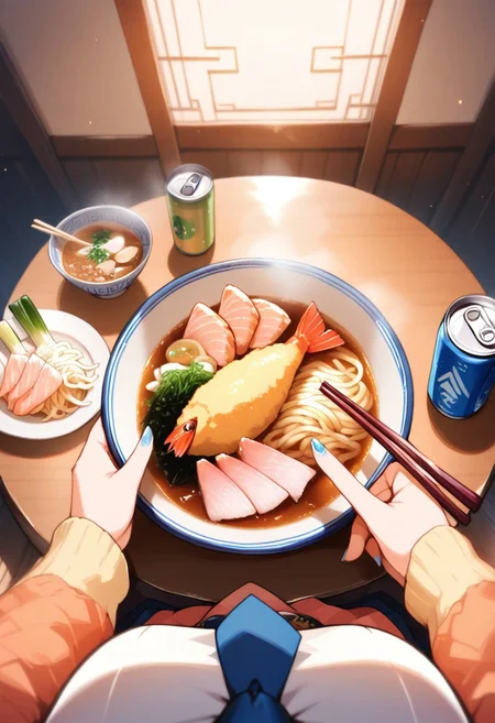 warm colors, masterpiece, best quality, amazing quality, solo,( female pov shot, first person point of view,:1.4)blue hair, bowl, can, chopsticks, collared shirt, detached sleeves, eating, elbow rest, fish \(food\), food, holding, holding chopsticks, katsudon \(food\), long hair, long sleeves, meal, nail polish, necktie, noodles, onigiri, solo, plate, ramen, sashimi, shirt, shrimp, shrimp tempura, sleeveless shirt, spring onion, tempura, twintails, masterpiece, high score, great score, absurdres(female pov:1.3)