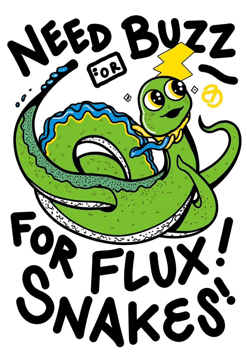 shebaobao. A snake holding a lightning bolt symbol. Caption that reads "Need BUZZ for Flux Snakes!" across top and bottom