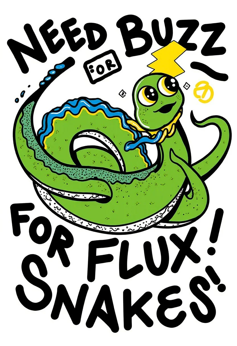 shebaobao. A snake holding a lightning bolt symbol. Caption that reads "Need BUZZ for Flux Snakes!" across top and bottom